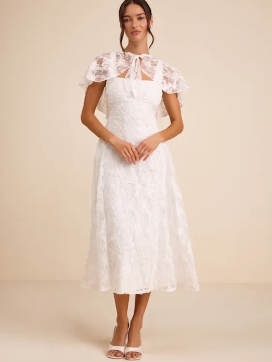 Lulus Dresses & Skirts - Lulu's White Lace Midi Dress with Capelet Tie